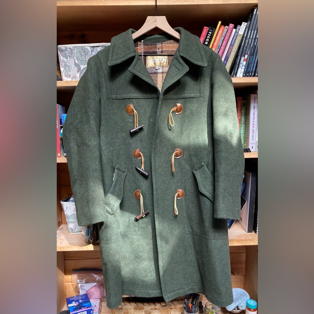 Elegant Forest Green Wool Pea Coat l Plaid Lining, Toggle Closure, Women’s Large